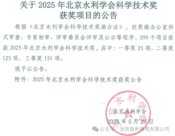 高光時刻|昌水公司兩個項目斬獲北京水利學會科學技術獎！
